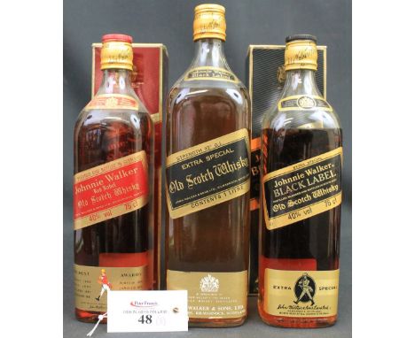 Johnnie Walker Red Label Old Scotch Whisky, 40% vol., 75cl., in original square section box, Johnnie Walker Black Label Extra