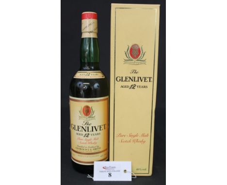 The Glenlivet aged 12 years pure single malt scotch whisky.  Distilled in Scotland by George & J G Smith.  75cl, 40% vol.  In