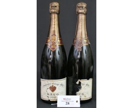 Two bottles of Krug Champagne vintage 1973, 78cl.  (2) CONDITION REPORT: Both foil seals are in good condition.  Chippings to
