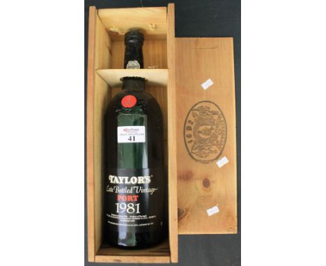 Taylor's Late Bottled Vintage Magnum port, 1981, in original wooden box. CONDITION REPORT: Good overall condition, no obvious