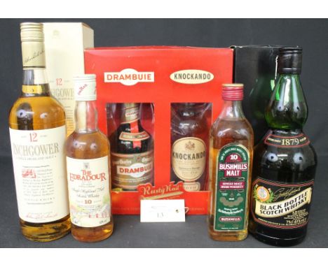 Inchgower aged 12 years single Highland malt 75cl, 40% vol in box, Black Bottle scotch whisky 75cl, 40% vol in box, Rusty Nai