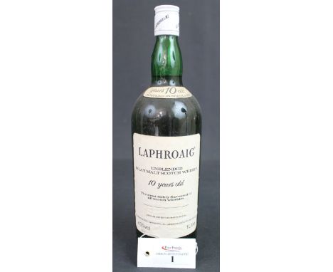Laphroaig unblended islay malt scotch whisky, 10 years old, distilled and bottled in Scotland by D Johnston & Co. Ltd.  43% v