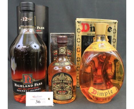 Highland Park Single Malt Scotch Whisky, aged 12 years, 43% vol., 1 ltr., in original tube box, Chivas Regal Premium Scotch W