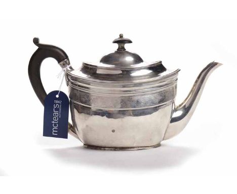 GEORGE III SILVER TEAPOT
maker Daniel Pontifex, London 1805, of oval form with beaded rims and an engraved vineous frieze, sc