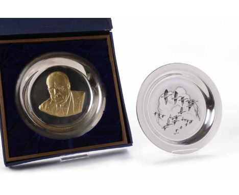 TWO COMMEMORATIVE SILVER PLATES
including a 'The Churchill Centenary Trust Plate 1974' plate, maker John Pinches (Medallists)