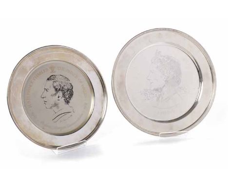 TWO ROYAL COMMEMORATIVE SILVER PLATES
including a 75th Birthday of Her Royal Highness The Queen Mother 4-VIII-1975 plate, mak