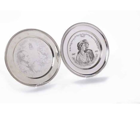 TWO ROYAL COMMEMORATIVE SILVER PLATES
including a marriage of Princess Anne 14-XI-1973 plate, maker Roberts & Dore Ltd, Londo