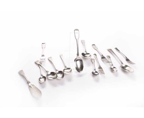 GROUP OF GEORGIAN SILVER FLATWARE 
including two George III table spoons, three matching George III teaspoons, two George IV 