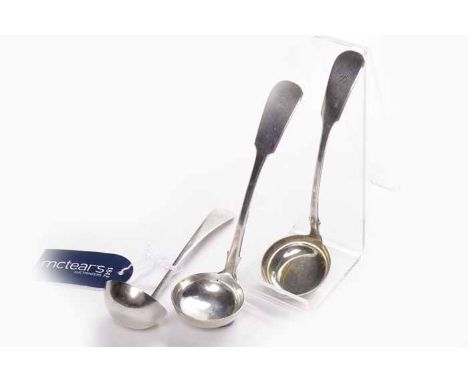 THREE 19TH CENTURY SCOTTISH SILVER SAUCE LADLES
including a fiddle pattern ladle, maker Patrick Hannay of Paisley (son of Wil