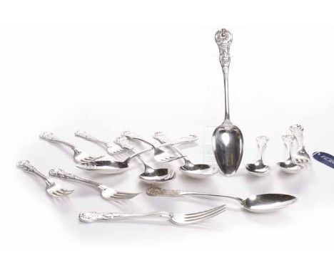 PART SUITE OF VICTORIAN SCOTTISH SILVER QUEENS PATTERN FLATWARE
maker William Clarke Shaw, Glasgow 1846, comprising four tabl