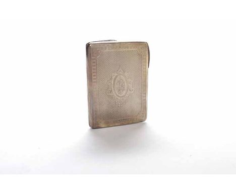 VICTORIAN SILVER CARD CASE
maker George Unite, Birmingham 1881, engine turned design to body, lid with cartouche engraved wit