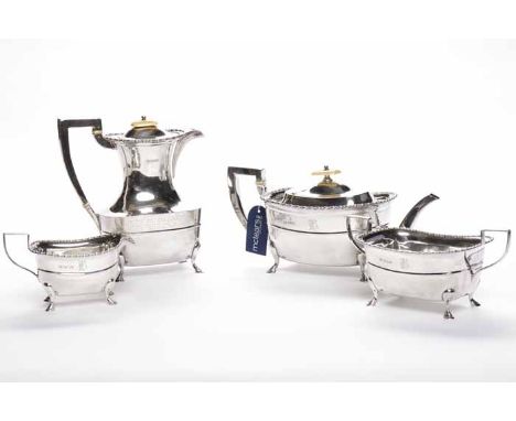 GEORGE V SILVER FOUR PIECE TEA SERVICE
maker Fenton Brothers Ltd, Sheffield 1913, of rectangular form with beaded rims and iv