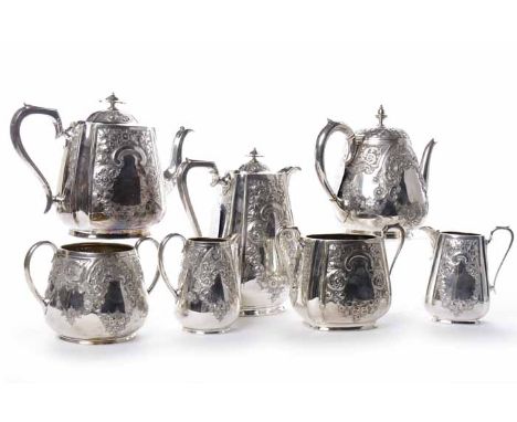 LATE 19TH CENTURY SILVER PLATED FOUR PEICE TEA SERVICE
maker Martin Hall & Co. of Sheffield, pattern number '5915', of chamfe