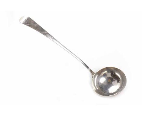 GEORGE III SILVER SOUP LADLE
probably maker Samuel Wood, London 1782, bright-cut handle engraved with heraldic lion passant w