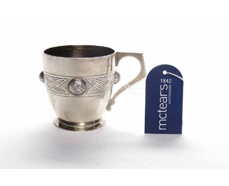 GEORGE V SILVER CHRISTENING CUP
maker Martin Hall & Co Ltd, Sheffield 1931, central Celtic design border with four celtic shi