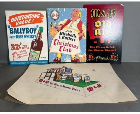 A collection of vintage Brewerania from the Mitchell and Butler brewery of Birmingham to include easel backed bar posters and