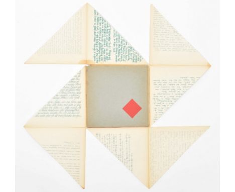 Hilversum, Steendrukkerij de Jong en Co, 1964. Softcover, 25 x 25 cm, sheets cut in geometric compositions in white and red o