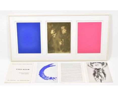 Krefeld, Kaiser Wilhelm Museum, 1961. Three stunning screen prints on cardboard in Yves Klein blue, pink and gold by Yves Kle
