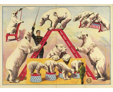 Polar bears climbing a ladder, hurdling and even firing a gun. Friedländer, Hamburg, 1921. 96 x 71 cm. Lith. no. 7109.Folded,