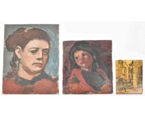 Oil on panel, 23.5 x 18 cm, titled and signed illegibly in lower margin, unframed.(2) (Portrait of a woman). Oil on board, 49