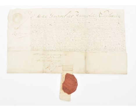 Manuscript appointment on fold. vellum, 31 x 56 cm, dated November 14th, 1677, signed by G. van Slingelandt recto and verso, 