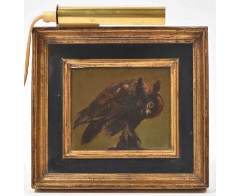Oil on panel, 13 x 16 cm, signed in lower right corner, nicely framed with attached lamp above.