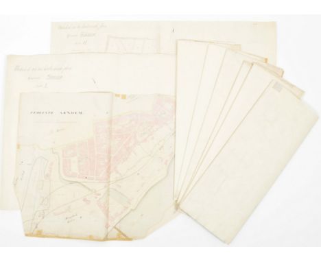 Manuscript map, irregularly shaped fold. leaf of 60 x 90 cm., depicting the section to the right of the railway station, incl