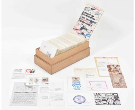 Wooden archive box, 37 x 18 x 12 cm, containing 414 stamped artists' postcards.Collaborative project of Boumans in Amsterdam 