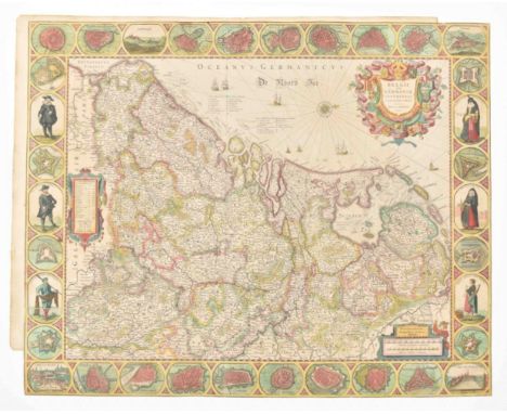 Accuratissima Tabula. Amst., 1631. 48 x 60 cm. Col., fold. as publ., ill. borders, upper and lower sides w. towns and views i