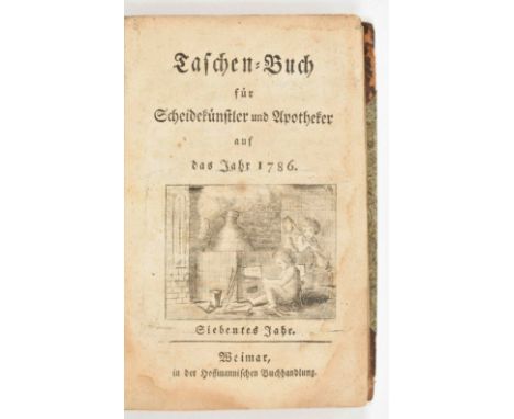 auf das Jahr 1786. Weimar, Hoffmannischen, 1786. (32),191,(1) p. 32mo. Hcalf, woodcut title vignette, Gothic print. Corners o