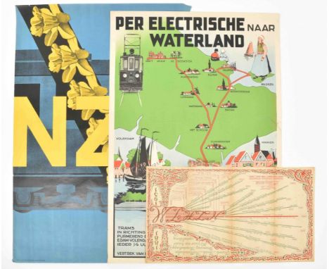 Vertrek van het N.Z.H. tramstation tegenover centr. station Amsterdam. Haarlem, M.A. Jacobsen, ca. 1935. Col. lith., 64.5 x 9