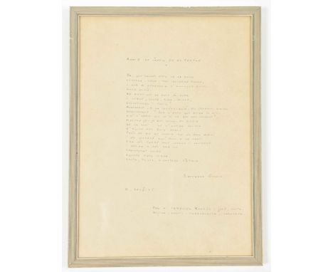 Manuscript version of the poem, ballpoint (?), signed "Salvador Espriu" and dated "B., 30 - I - 65" and w. dedication to Imme