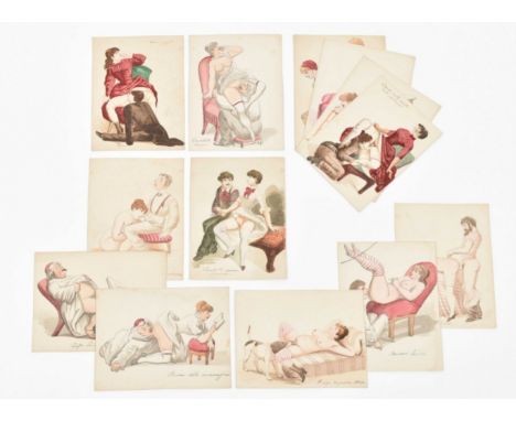 Watercol. erotic drawings, Italy, ca. 1880. Themes incl. Catholicism, Cunnilingus and Bestiality. All (except one) w. Italian