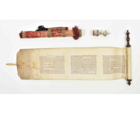 Vellum scroll w. beautiful, legible Hebraic manuscript text on 3 attached lvs., total length approx. 215 cm, ca. 1740, rolled