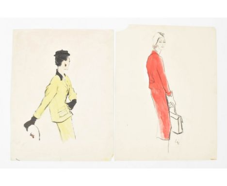 2 drawings, watercol. and white chalk, des. for Vogue, ca. 1952. (1) 'Lady in yellow lady's costume with gloves and hat'. Wat