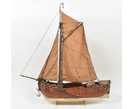 Historic wooden model of the Dutch sailing freighter "De Vrouw Prientje". Approx. 87 x 17 x 92 cm. Hand painted w. cl. sails.