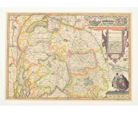 Amst., Petrus Kaerius, 1617 (or 1621). 35.5 x 51 cm. Fully col., verso Latin text, leaf 25/26, cartouches w. insets of Mechel