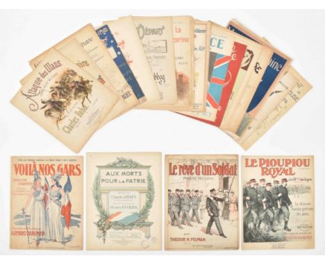 Approx. 30 pieces of sheet music in 1 portfolio. Collection of French military sheet music from various periods and wars, som