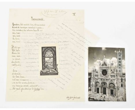 Manuscript poem, signed. Ca. 1970. Ink on 22 lines on recto. With inscription in pencil 'Proef aan dr M.h. vd Zeyden, Leiden.