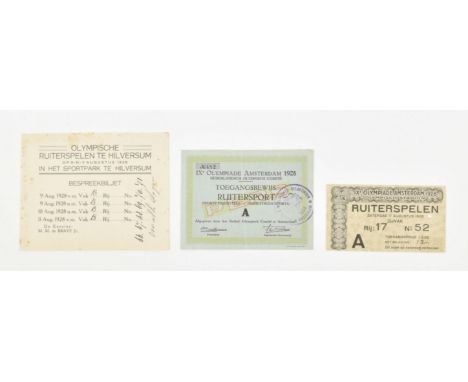 Filled-in 'Bespreekbiljet' for the event on 9-11 August 1928. (2) Ticket for the Horse Riding on August 11. (3) Press Card Ol