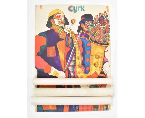 Two clowns playing instruments. Poland, 1972. Lithograph, 68 x 98 cm. (2) Idem. Clown with violin, 1973. Ca. 68 x 98 cm. Edge