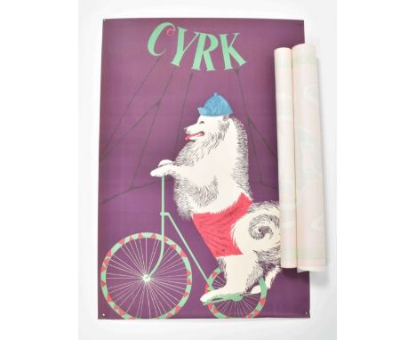 Samoyed on bicycle. Poland, 1965. Lithograph, ca. 68 x 98 cm. (2) Zdzislaw Horodecki (b. 1948). Two bears on a cart, 1970. Ca
