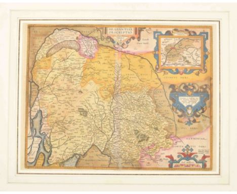 Antwerp, Abraham Ortelius, 1591. 37 x 48 cm. Faded col., verso Spanish text, cartouches w. title, scales and inset Mechelen D