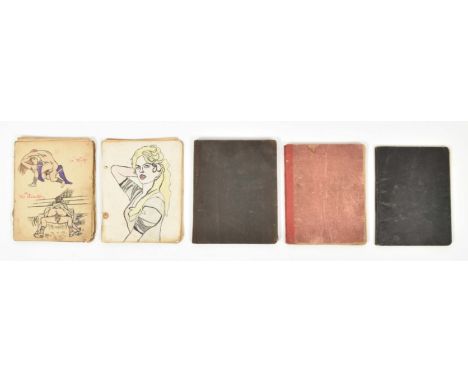 4 manuscript soldiers songbooks w. handwritten (often bawdy) songs w. an extensive oeuvre of erotic drawings, ca. 1900-1930.A