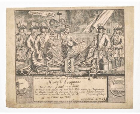 Engr. on paper, with ms. in ink, 20.5 x 16.5 cm. Allegorical engr. note showing some members of the Schutterij and the Stedem