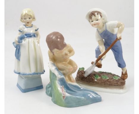 Three Royal Worcester figures, Saturday's Child 3524, August 3441 and Monday's Child 3257