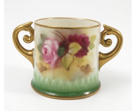 A Royal Worcester miniature loving mug, decorated with roses by Spilsbury, H282, dated 1931, height 1.75ins