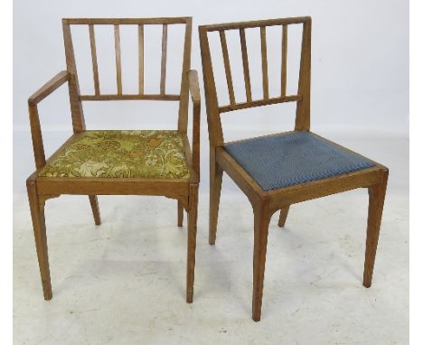 A set of six (4+2) Cotswold school dining chairs, with stick backs and raised on chamfered legs