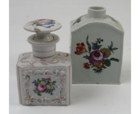 A 19th century Continental porcelain tea caddy, decorated with flowers, blue mark to base, height 5ins, together with another