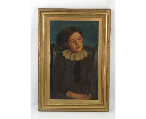 A late 19th century English School, oil on canvas, portrait of a seated child Emily Blanche Wilkins aged 11 1885, 25.5ins x 1